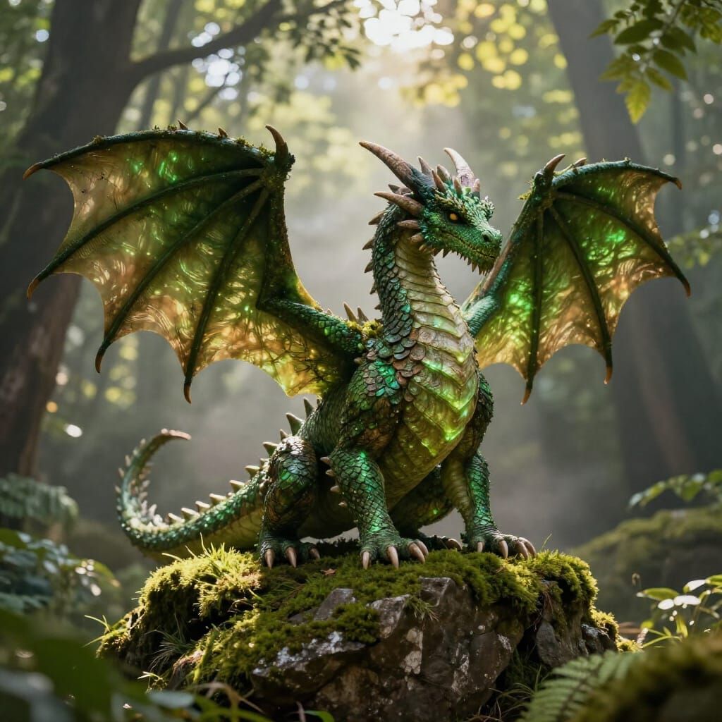 Photorealistic Earth Dragon Perched on Mossy Rocks