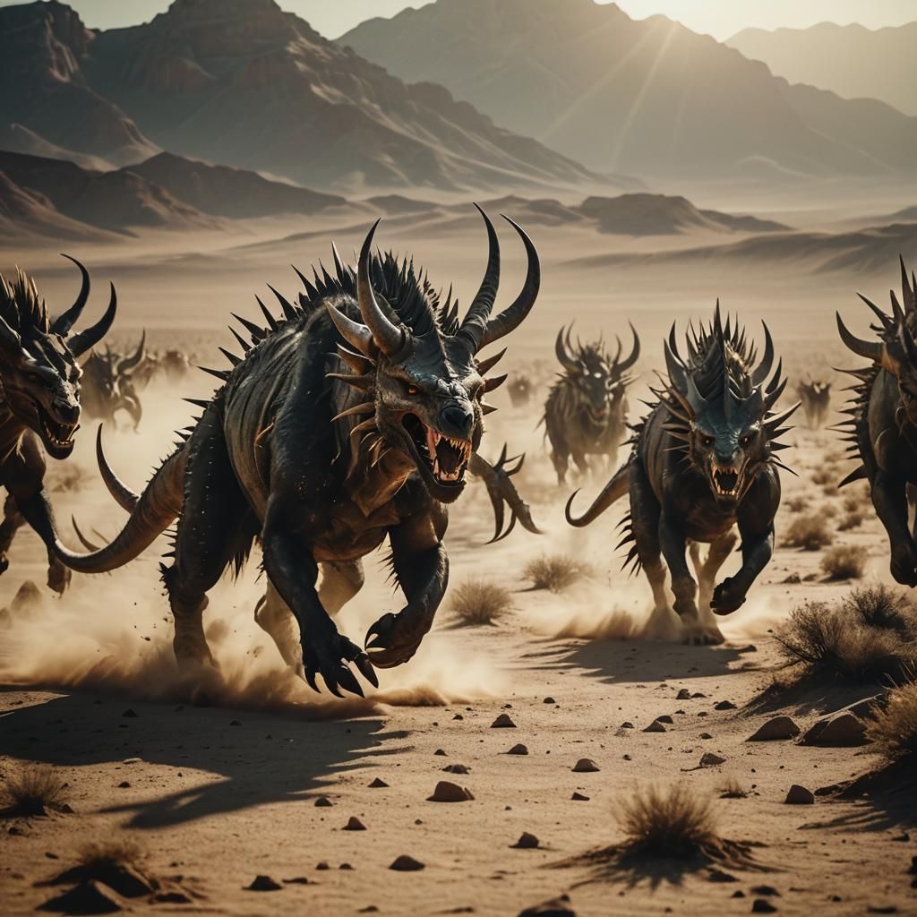 Fantasy Beasts Hunting in Desert, Cinematic Film Still