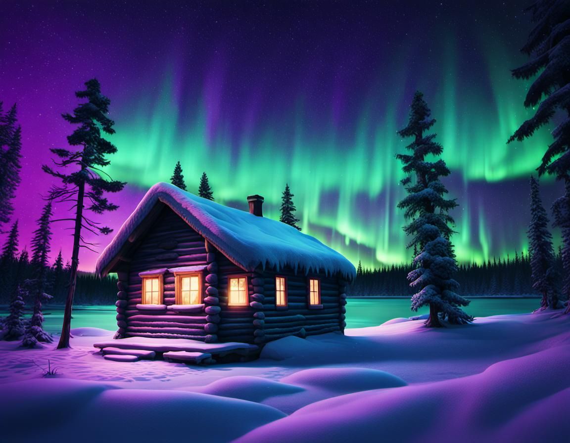 Cabin Under Northern Lights, Photorealistic Winter Scene