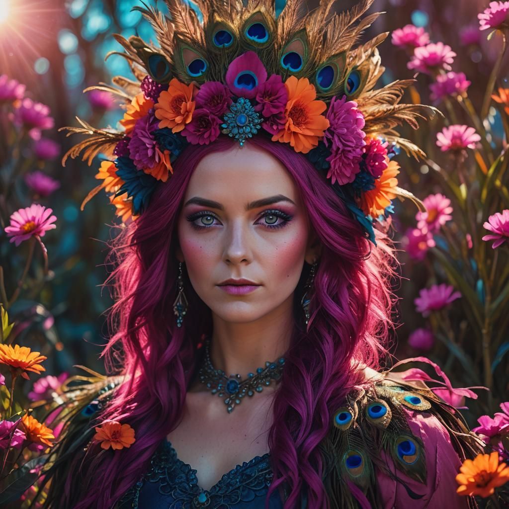 Peacock Feather Haired Woman in 80s Film Aesthetic
