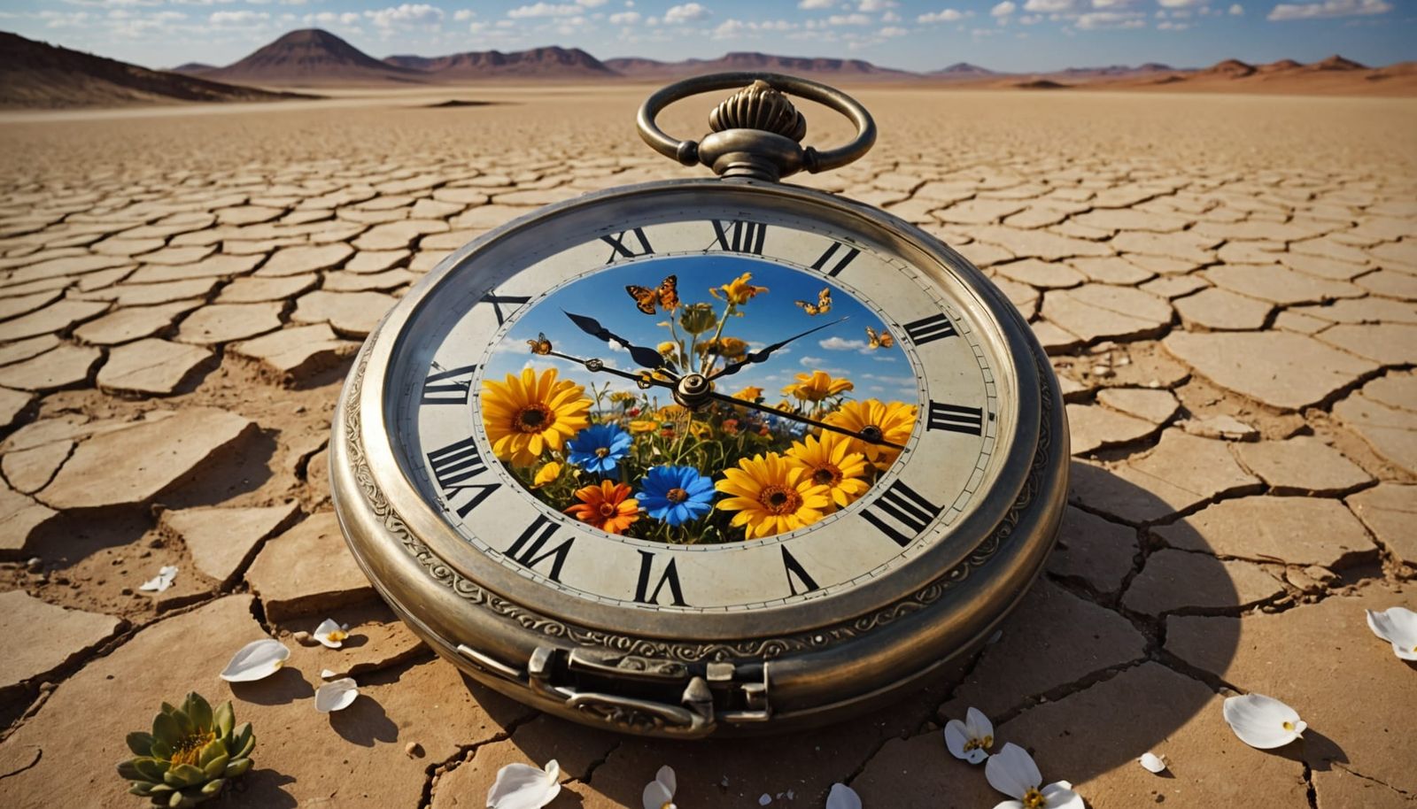 Giant Pocket Watch With Blooming Flowers in Desert Landscape