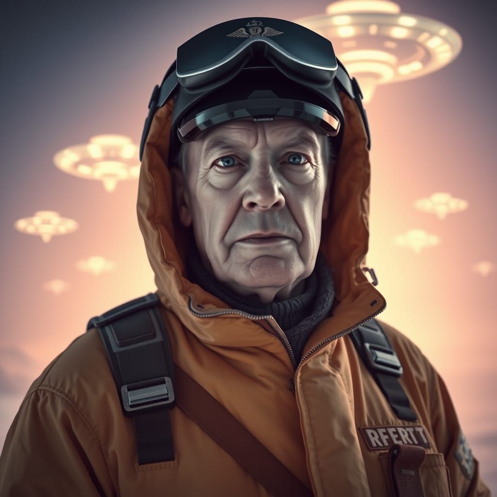 Admiral Byrd Portrait with UFOs in Cinematic Style