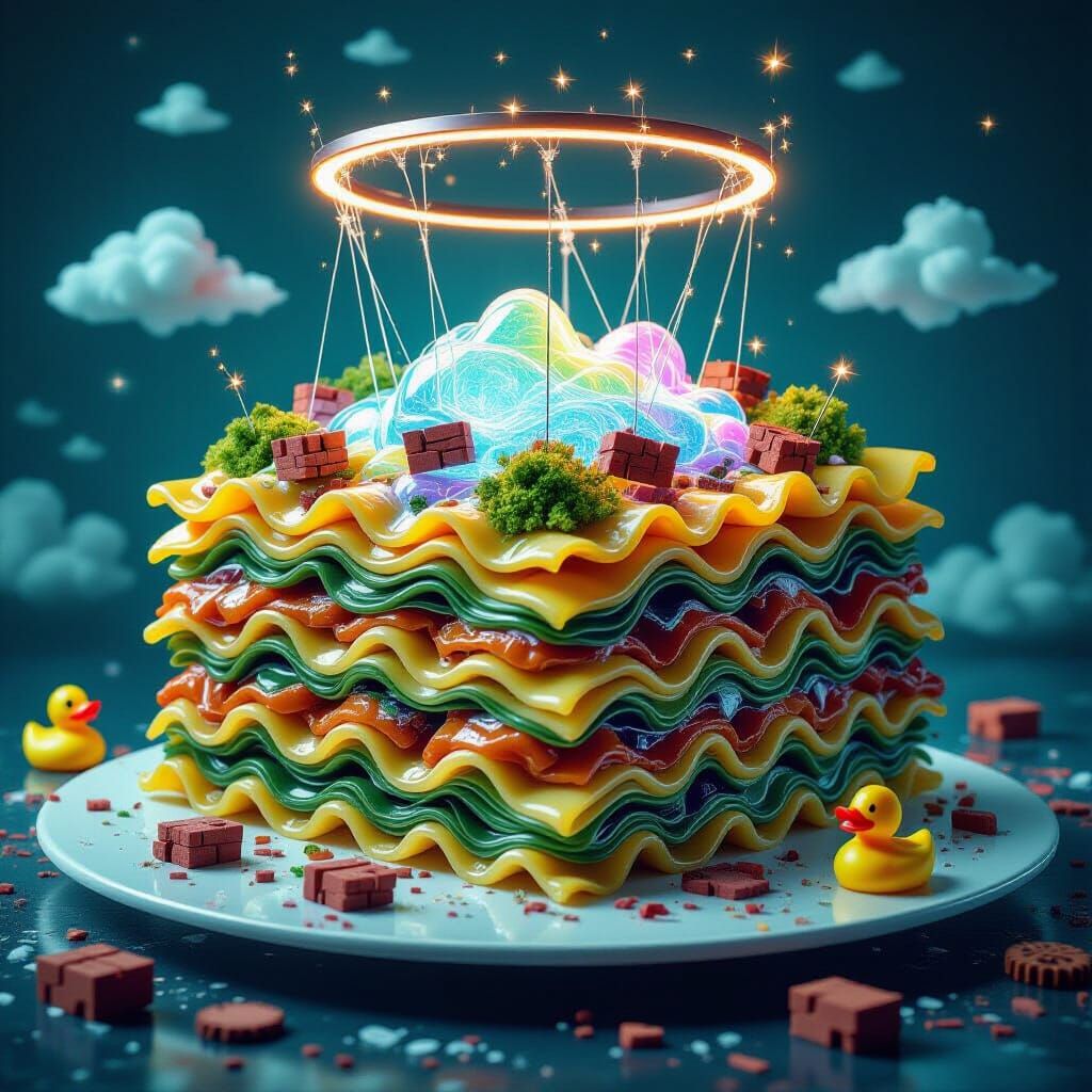 Surreal Lasagna with Mirror Glass and Holographic Goo
