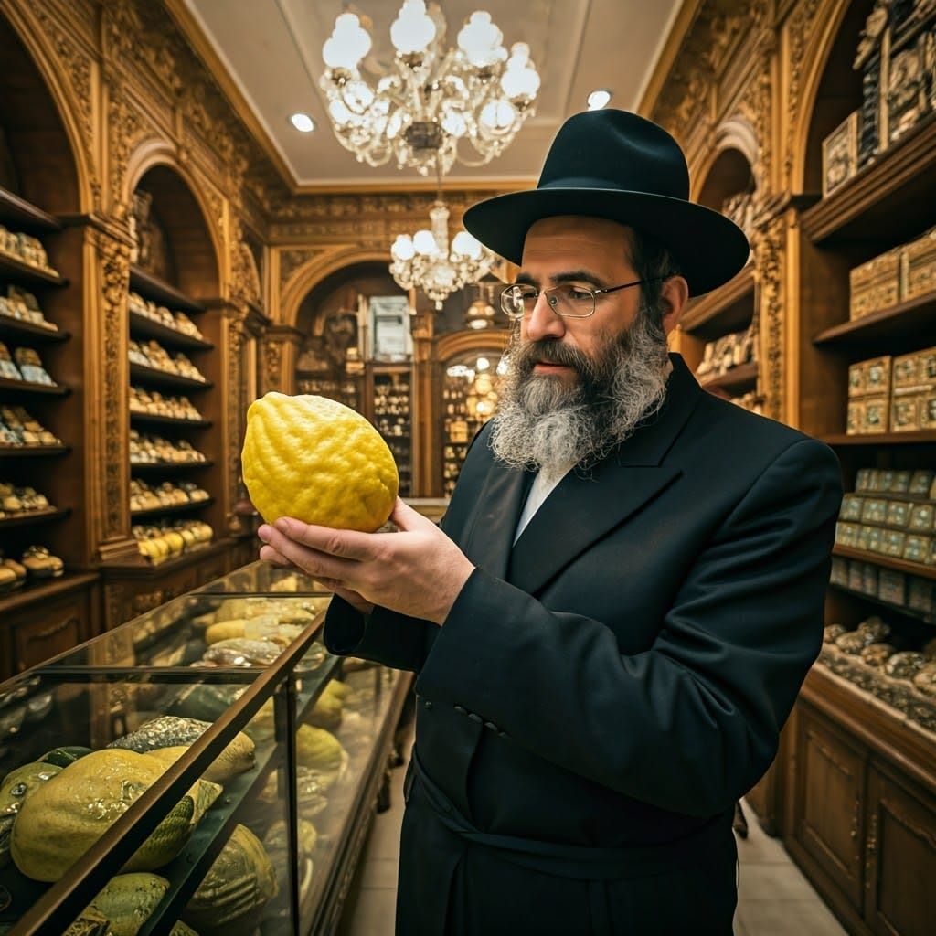 Inspecting a Glistening Etrog in Ornate Store