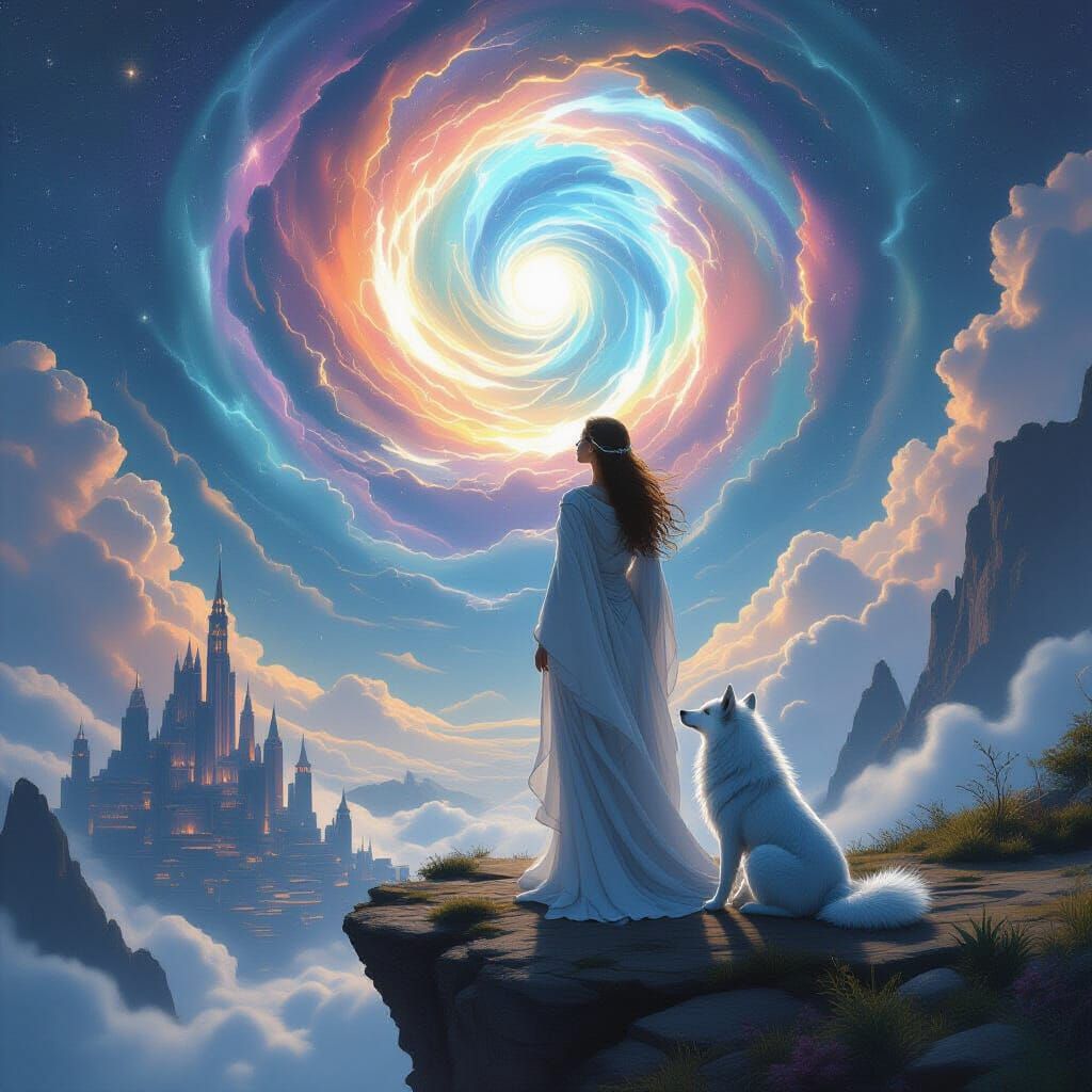 Ethereal Woman and Spectral Wolf on Cliff Edge