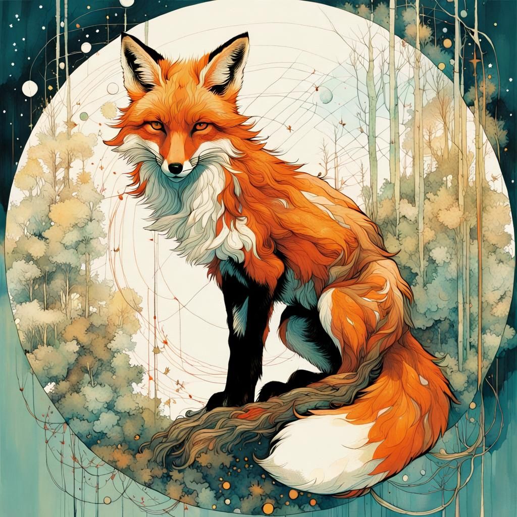 Double Exposure Fox Illustration in Surreal Style