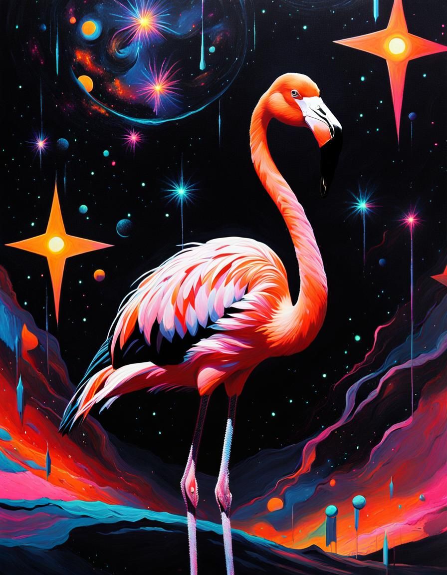 Surreal Flamingo in Starry Galaxy: Oil Painting