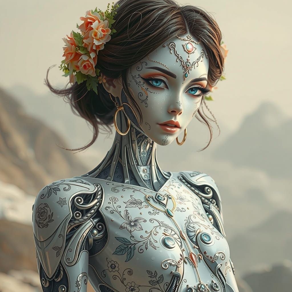 Elegant Cyborg with Florals in Anime Style