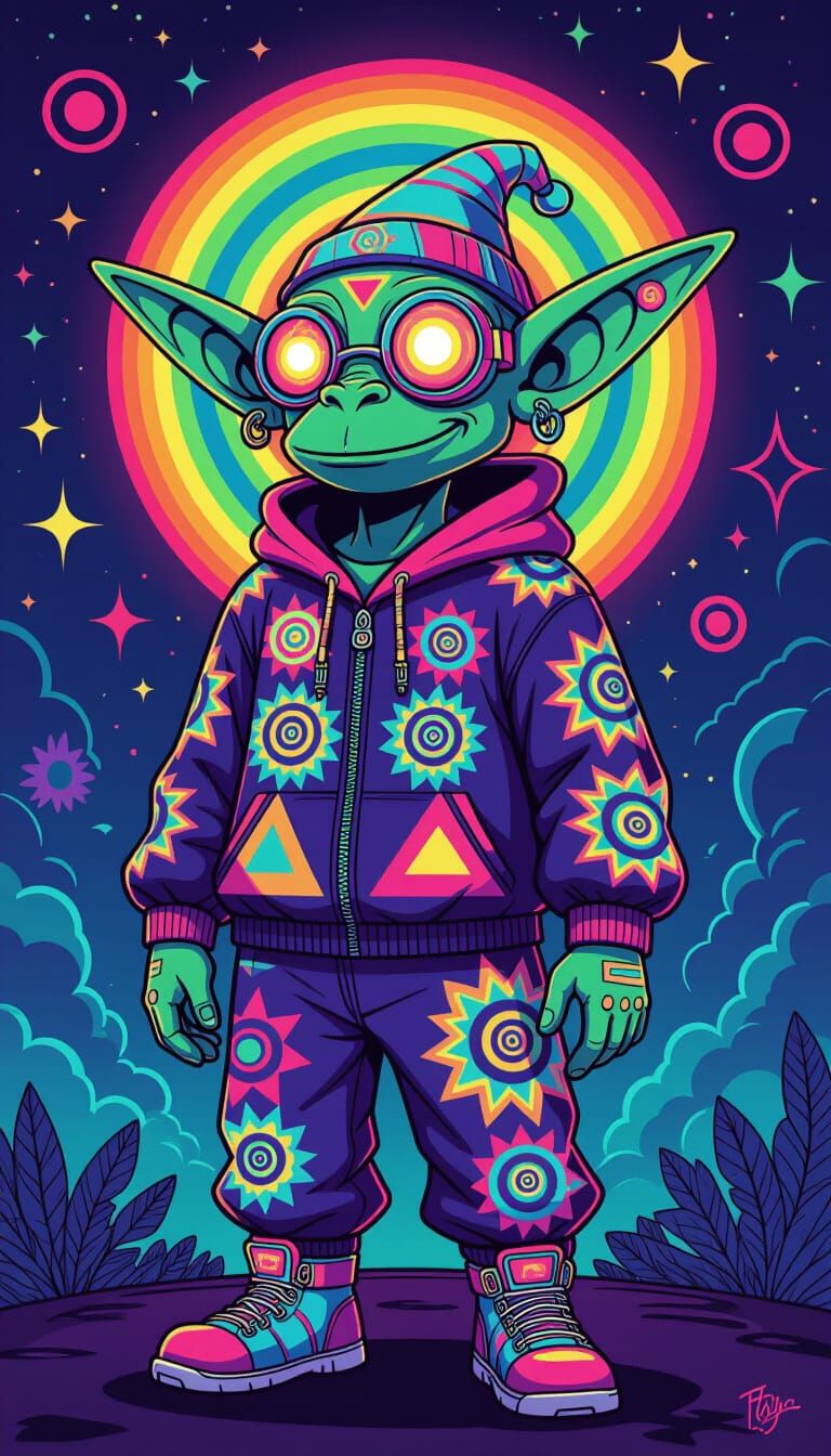 DMT Machine Elf Cartoon in Psychedelic Style