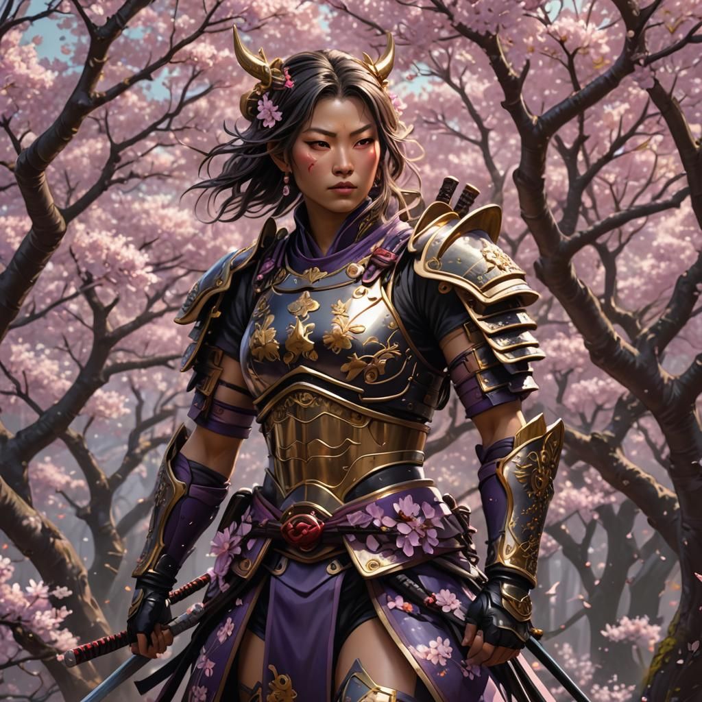 Female Samurai in Cherry Blossoms, Dark Fantasy Art