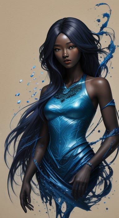 Impasto Cascade Hallucination, ebony hair, blue skinned, Korean girl, floating