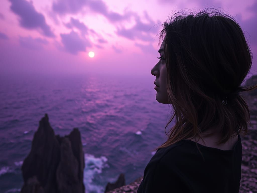 Woman on Crumbling Cliffside Overlooking Stormy Sea