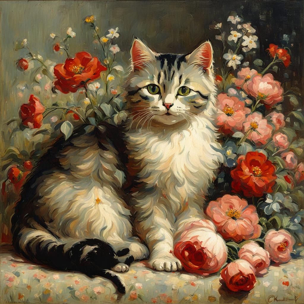 Impressionist Scene of a Cat in a Flowered Setting