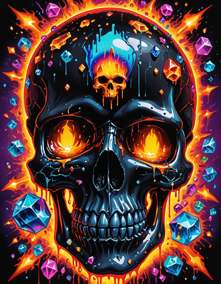 Glowing Magma Skull Surrounded by Crystals, Lisa Frank Style