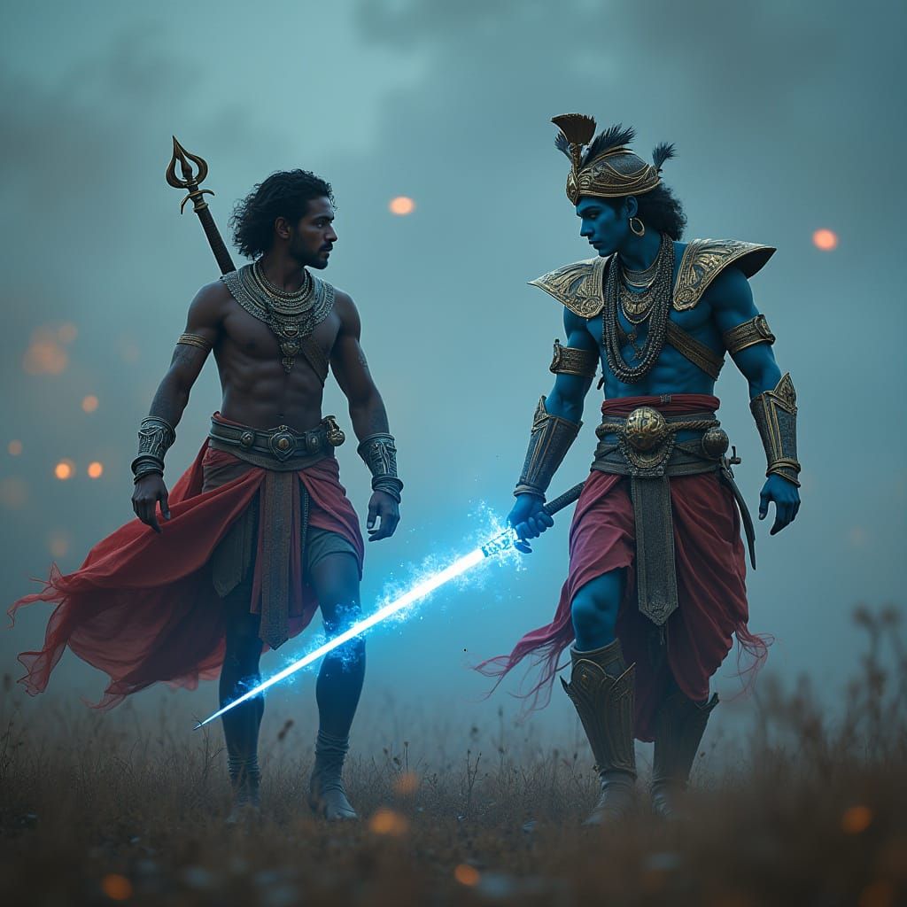 Krishna Guiding Arjuna: Divine Energy in Cyberpunk Style