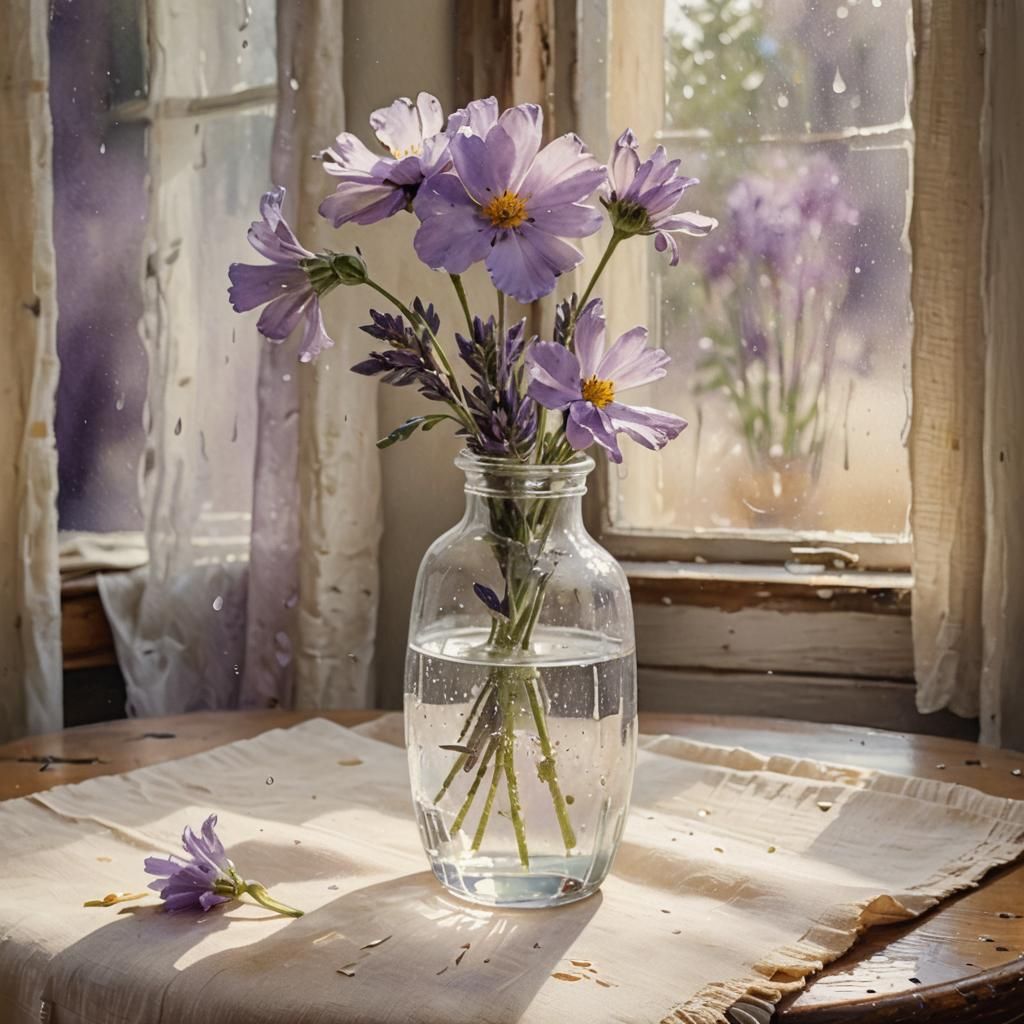 Lavender Flower in Vintage Vase, Impressionist Watercolor