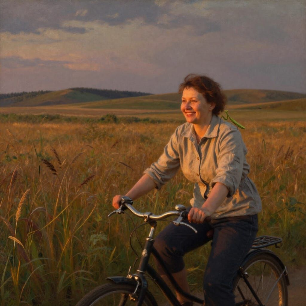Woman Cycling Through Steppe at Dusk with Mantis