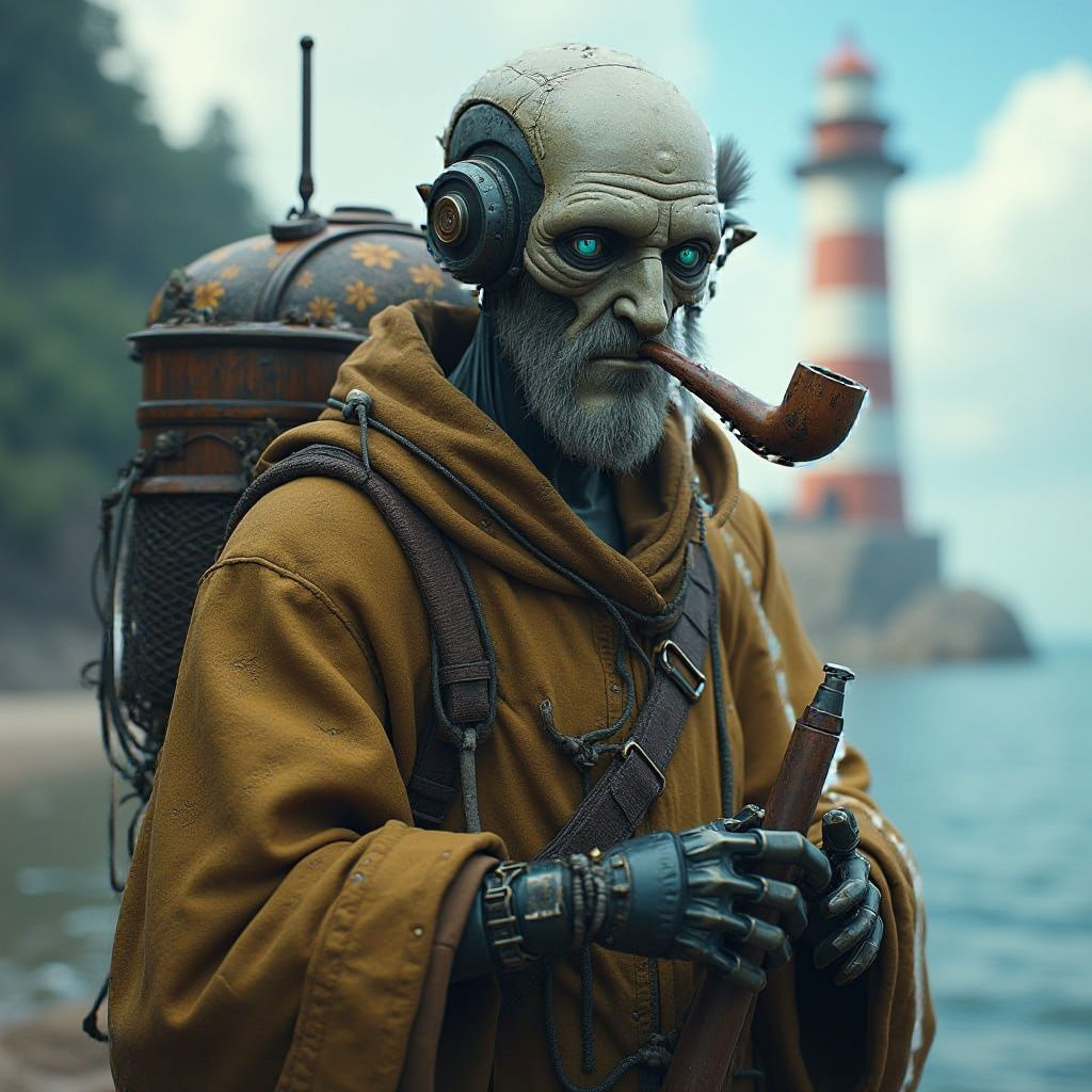 Android Fisherman in Fantastical Harbour Scene