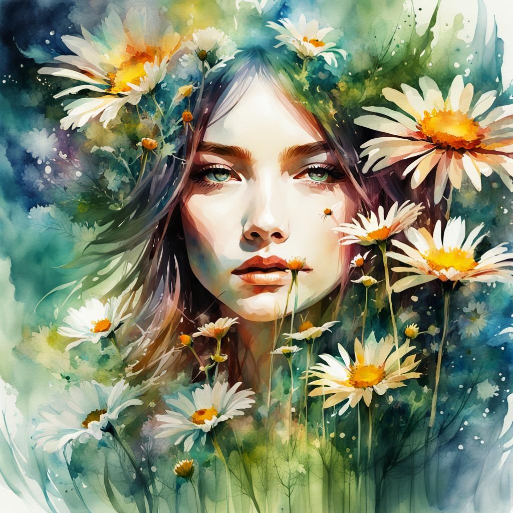 Fantasy Double Exposure: Woman in Watercolor Daisy Field