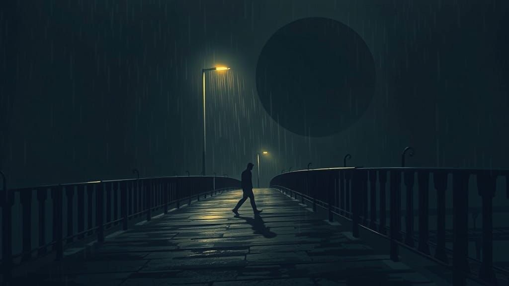 Man Followed by Levitating Orb on Dark Bridge