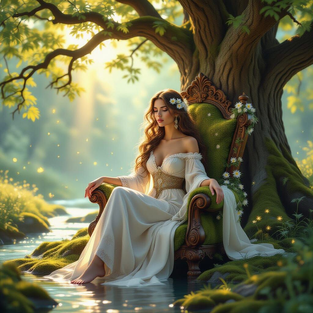 Woman with Wildflowers on Moss Throne, Hyperrealistic Pastel...