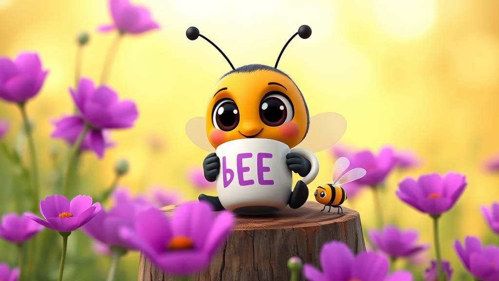 Cute Bee with Coffee in Poppy Field, 3D Cartoon