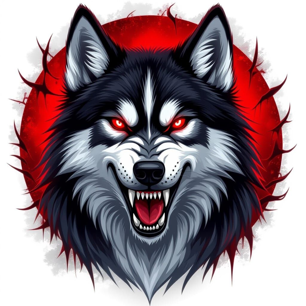 Demonic Husky with Bloody Fangs in Dark Fantasy Style