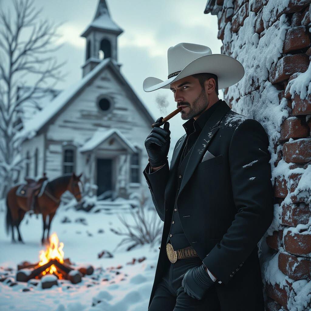 Mysterious Cowboy in Ruined Winter Landscape