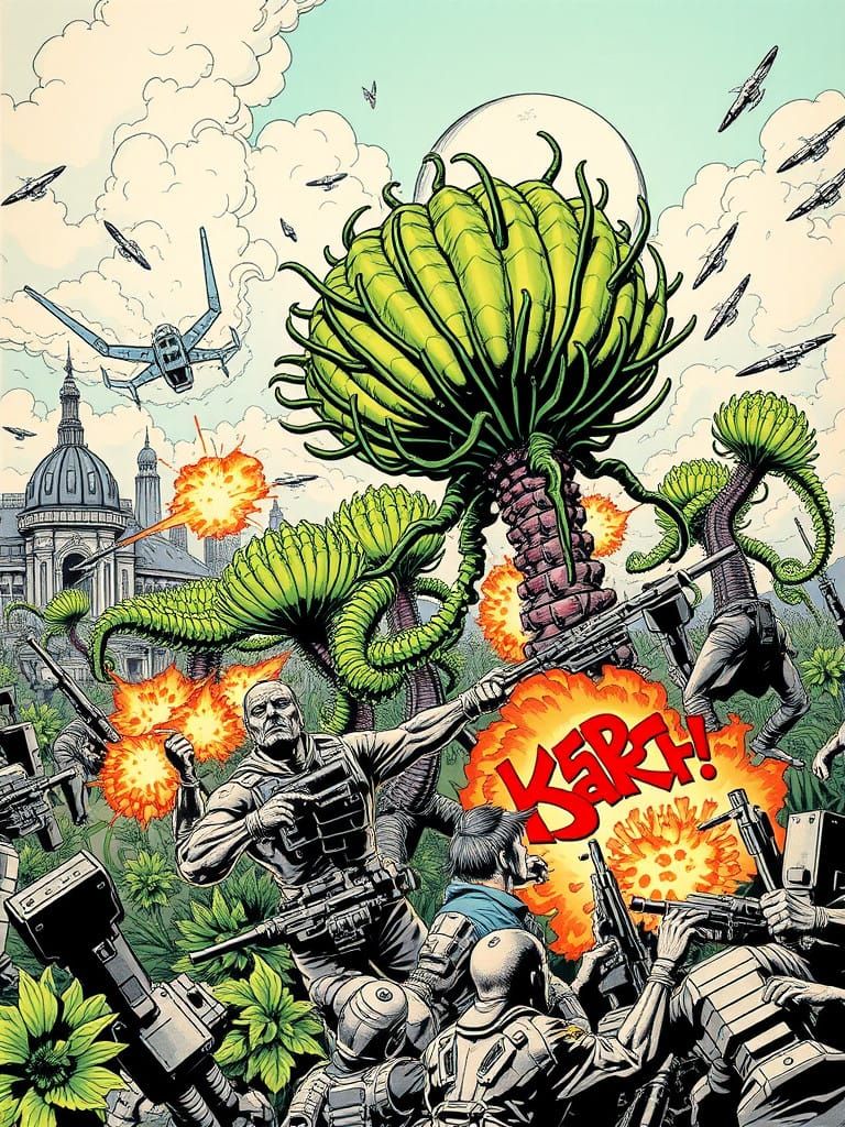 Epic Battle: Human Army vs Triffid Plants in Ruined Cityscap...