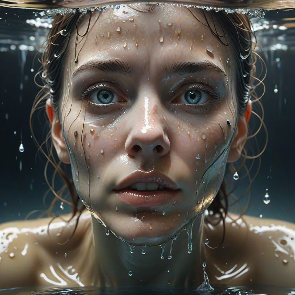 Girl Submerges Face in Water, Ripples and Droplets in Hyper-...