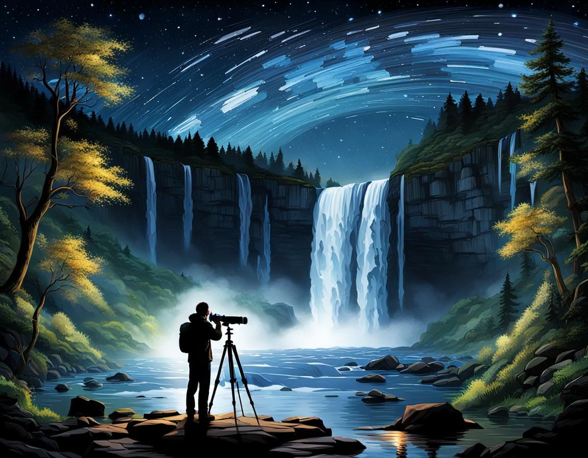 Man Gazing at Starry Night Near Waterfall