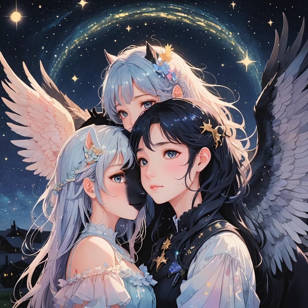 Anime Girl with Black Cat and Horse Under Starry Sky