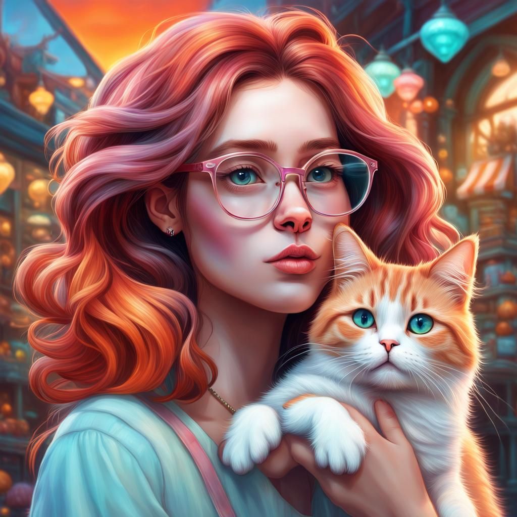 Girl with Calico Cat in Candy Art Style