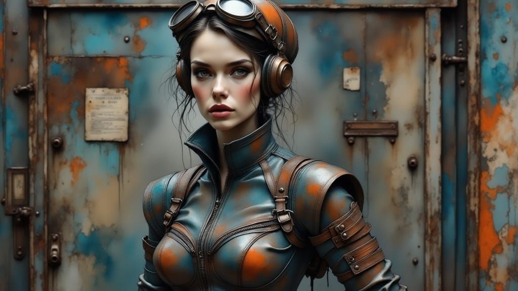 Hyperrealistic Dieselpunk Female Portrait in Leather Outfit
