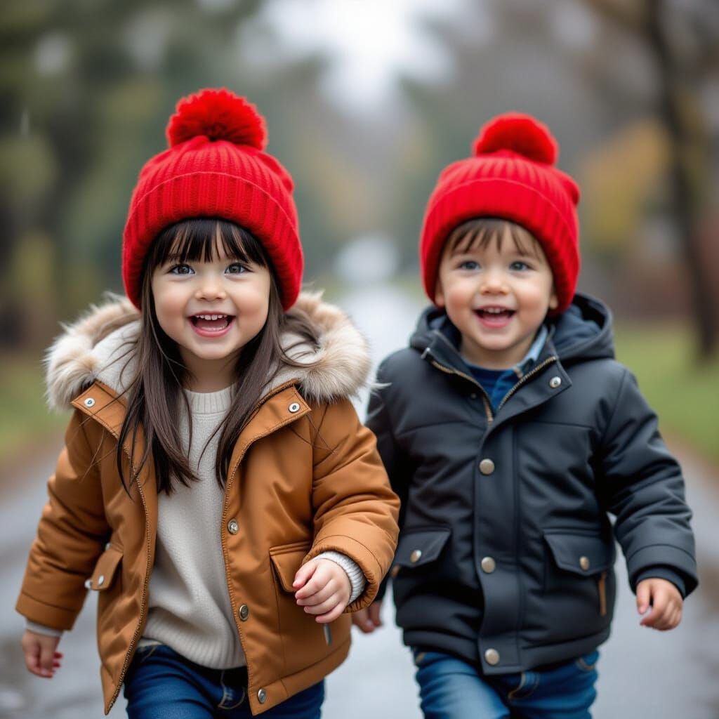Joyful Girl Runs in Rain Wearing Red Hat