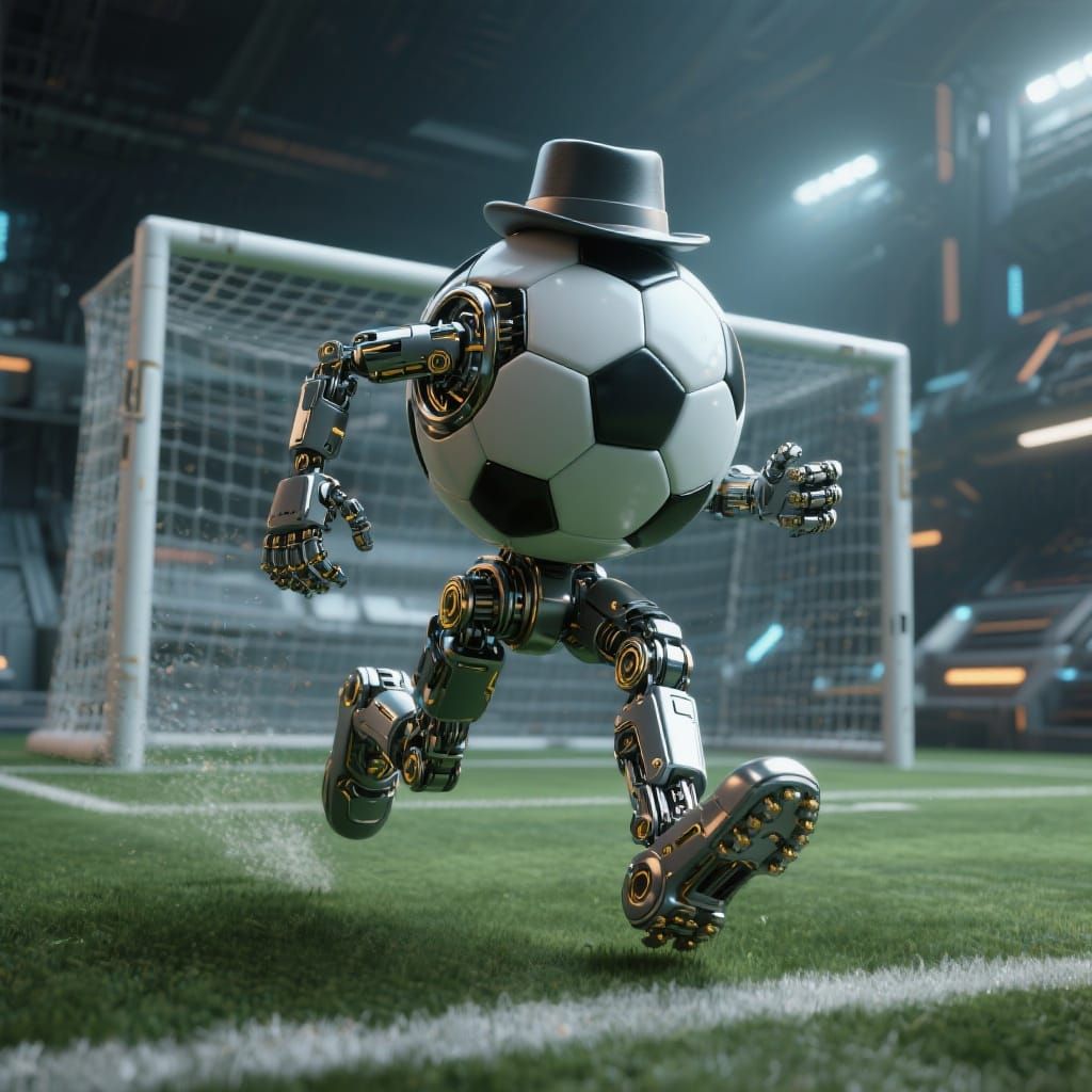 Futuristic Football Character Running on Sci-Fi Pitch