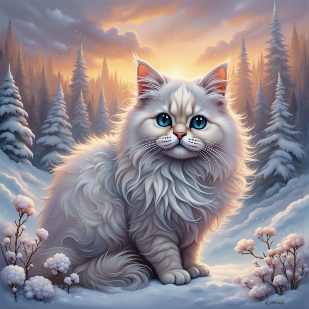 Whimsical Persian Cat in Sparkling Snowy Landscape