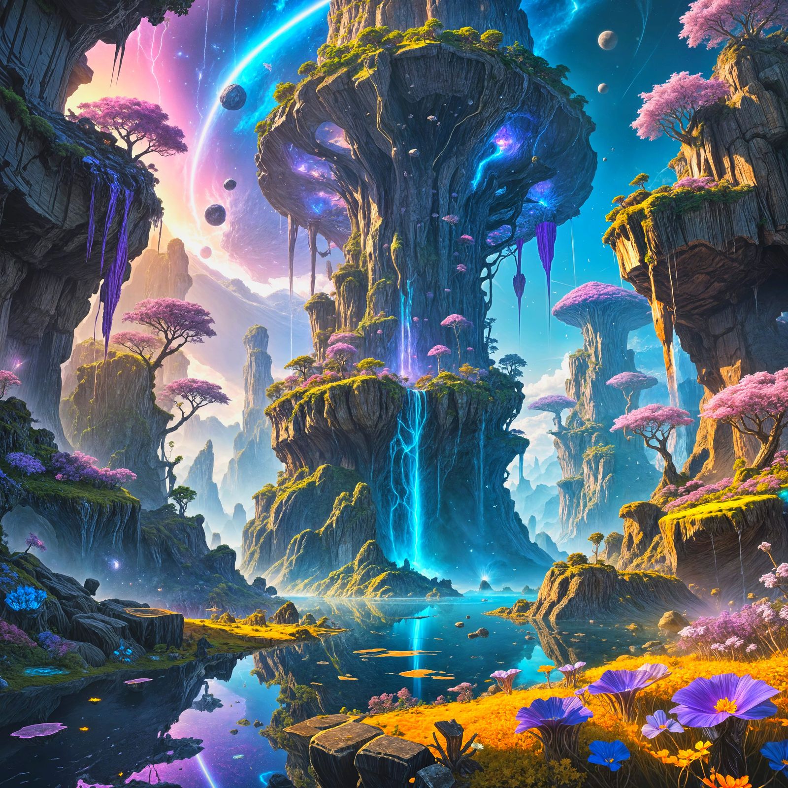 Surreal Floating World with Glowing Violet Vines and Ancient...