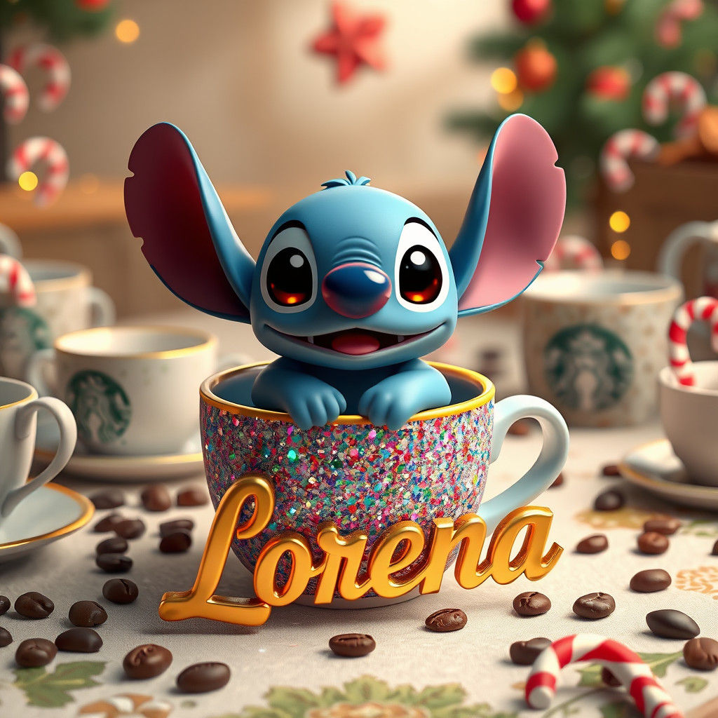 Cute 3D Stitch Character in Coffee Cup Christmas Scene