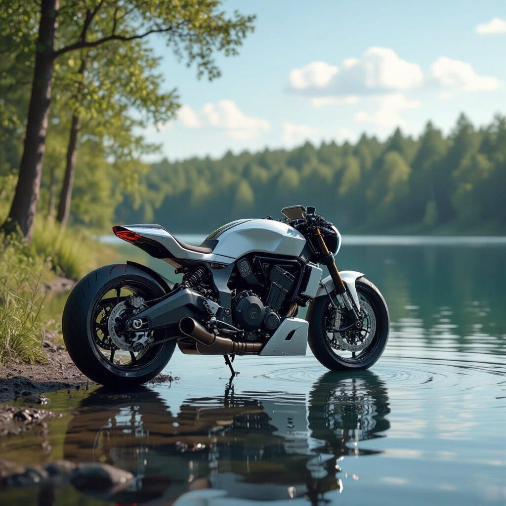 Futuristic Motorcycle by Serene Lake in Hyperrealistic Style
