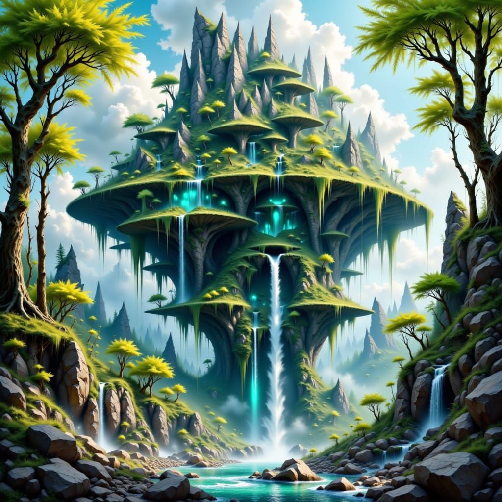Mothership Among Waterfalls and Trees