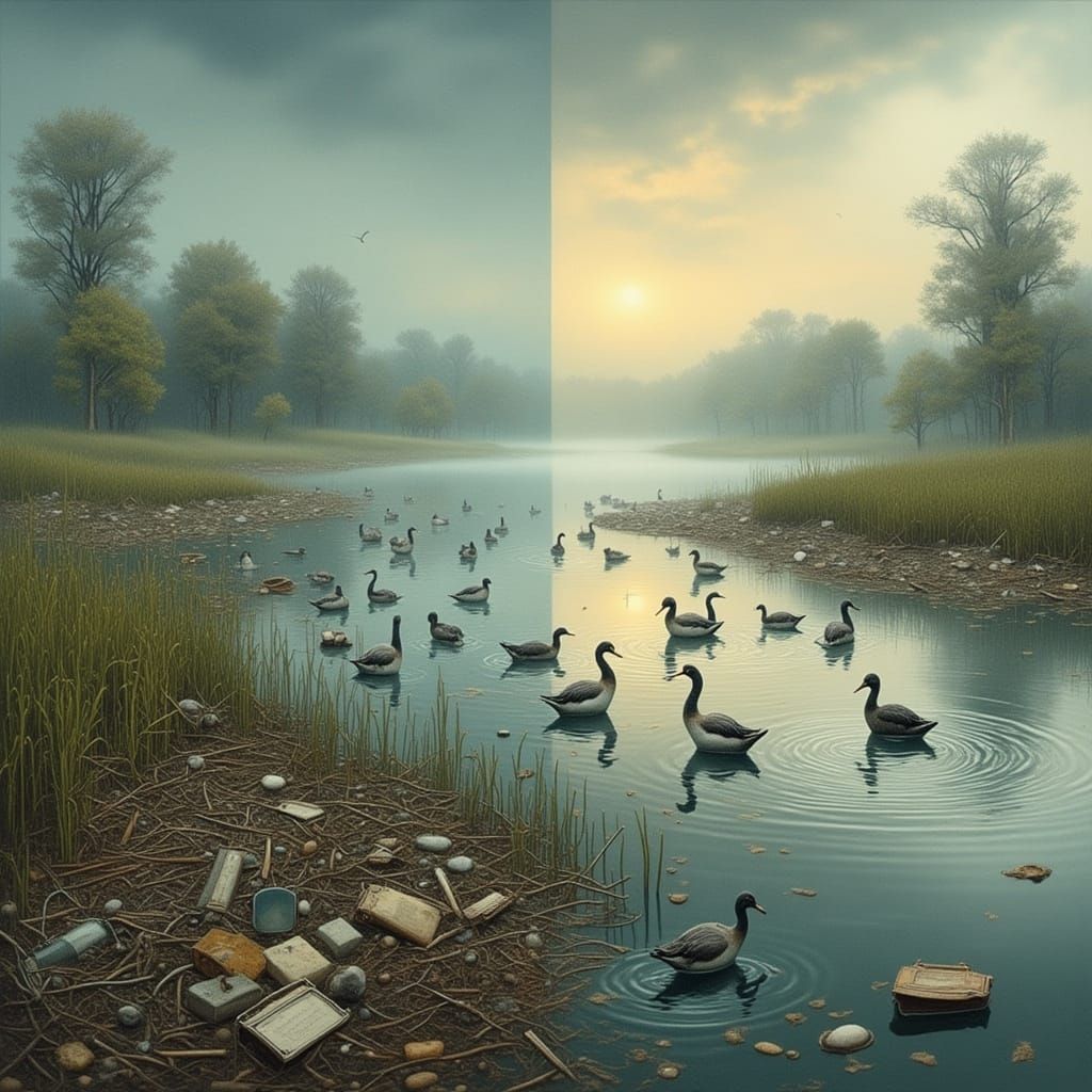 Wetland Contrast: Thriving vs Polluted in Dystopian Style