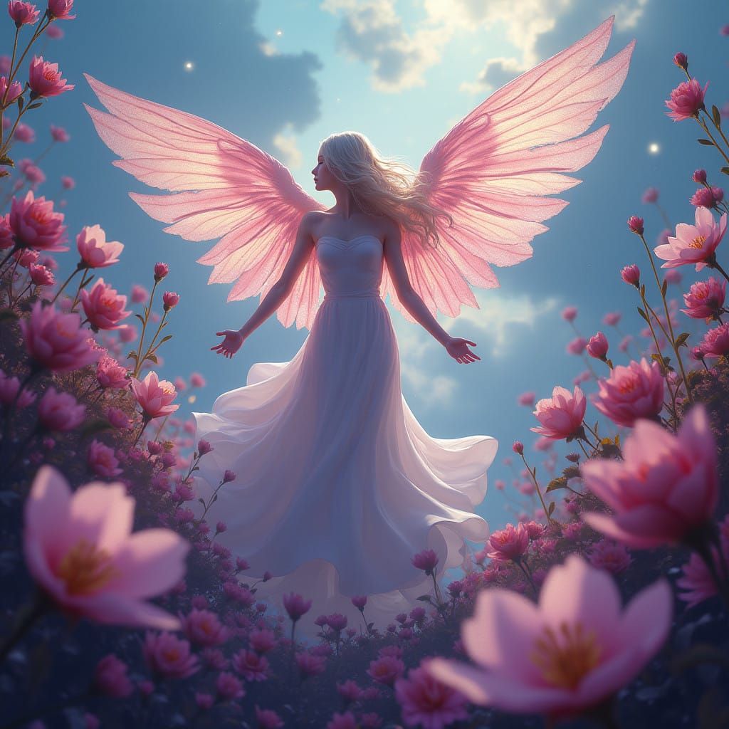 Ethereal Angel in a Whimsical Blossom Paradise