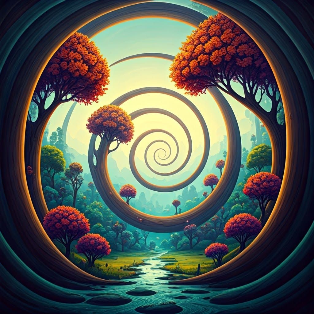 Vibrant Whimsical Spiral Landscape with Flowing Land and Tre...