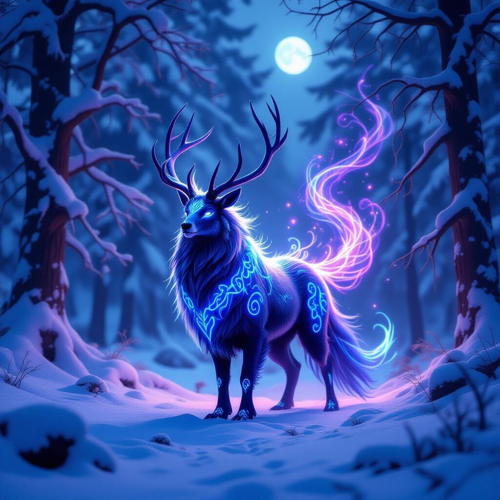 Majestic Rune Creature in Moonlit Snowy Forest