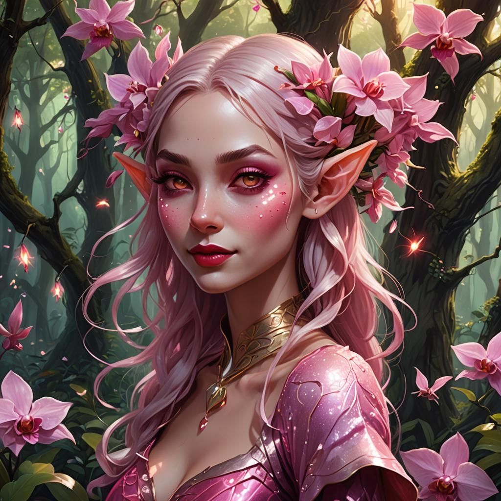 Orchid Elf in Shimmering Forest, Digital Fantasy Illustratio...