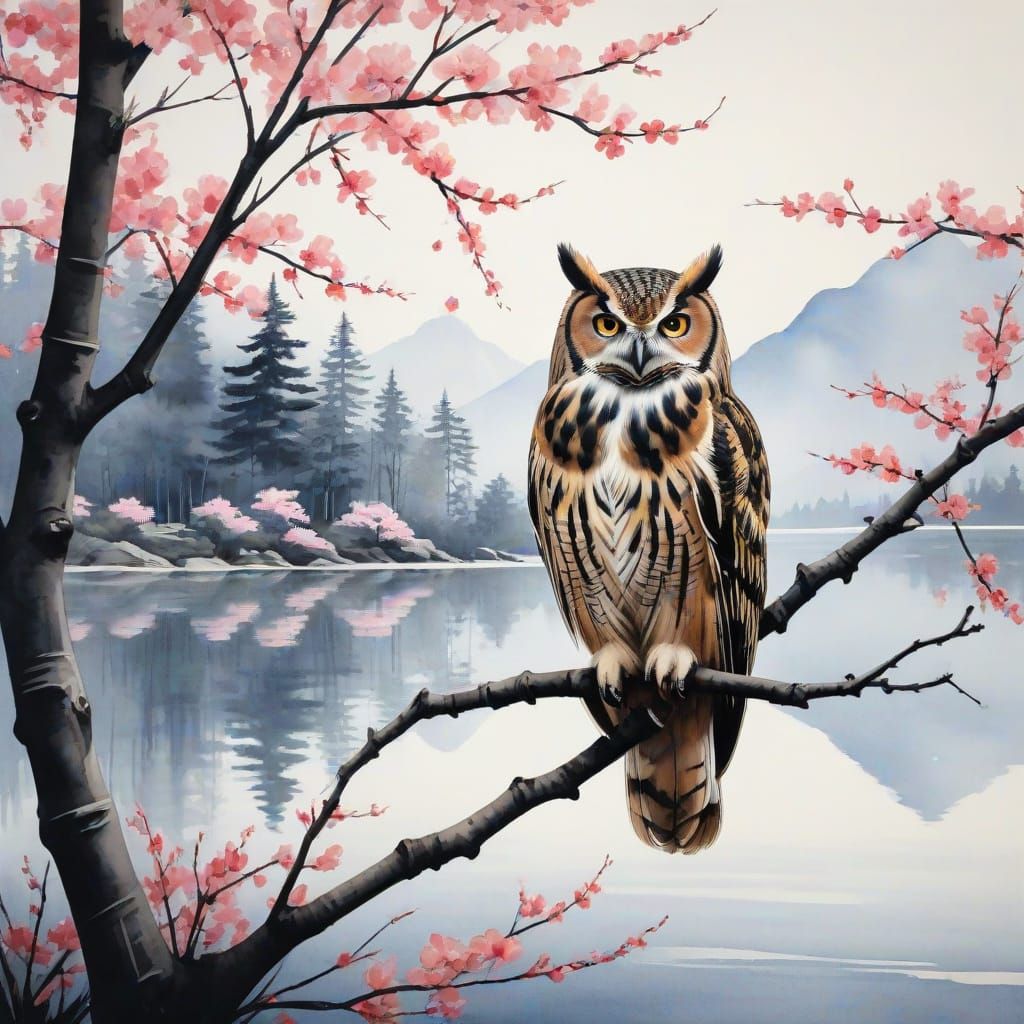 Owl Amidst Cherry Blossoms in Dynamic Watercolour