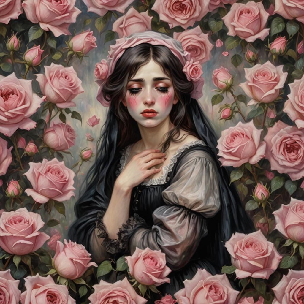 Gothic Woman Crying in Roses, Impressionistic Style