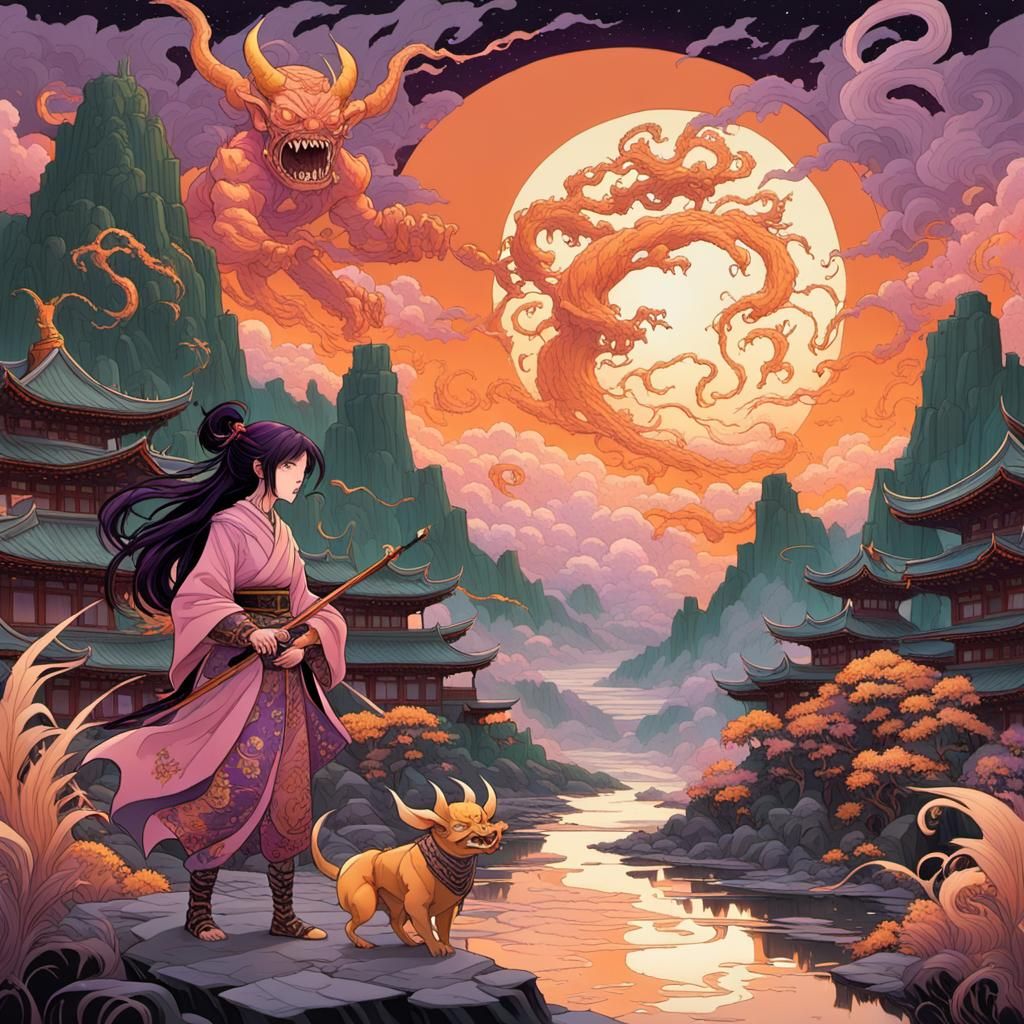 Girl Confronts Goblin Samurai in Mystical Landscape