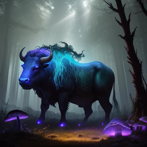 Mystical Bull in Enchanted Forest: Fantasy Art